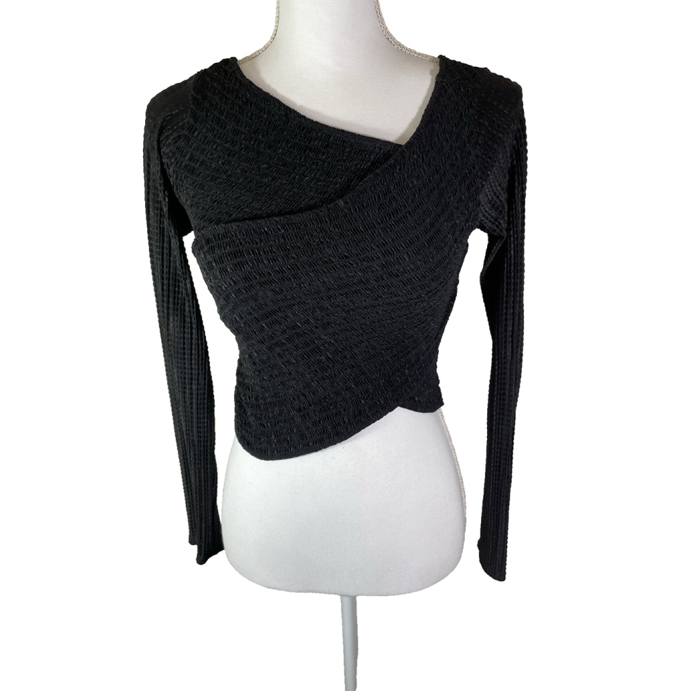 Show Me Your Mumu Black Long Sleeve Crossover V-Neck Textured Crop Top Sz M